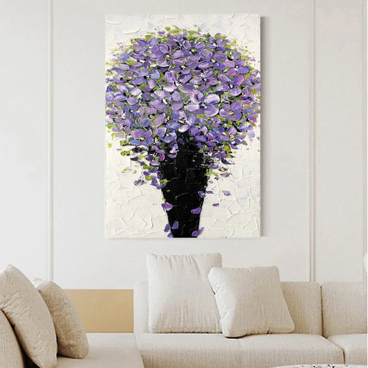The Hot Product Oil Painting Wall Art Handmade Knife Heavy Texture Purple Flower Acrylic Painting by Handmade on Canvas
